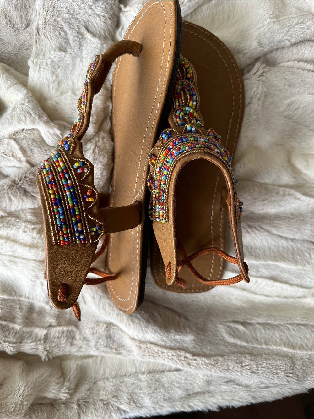 Beaded Brown T-Strap Sandals - Women - Picture 5 of 10